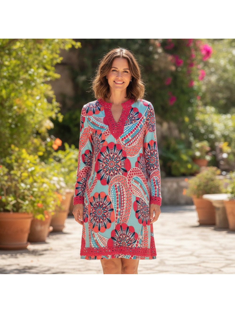 Crown & Ivy Women's Paisley Print Dress with Red Lace Trim Size M